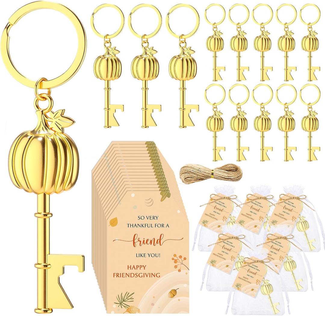 24 Sets Thanksgiving Party Favors Friendsgiving Gifts Pumpkin Beer Bottle Opener Keychains Cards Ropes and Organza Bags for Home Decor Thanksgiving Party Supplies for Guest