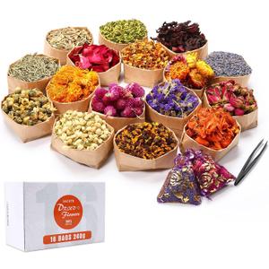 15g/Bag Dried Flowers,100% Natural Dried Flowers Herbs Kit for Soap Making, DIY Candle Making,Bath - Include Rose Petals,Lavender,Don't Forget Me,Lilium,Jasmine,Rosebudsand More(16 Bags)