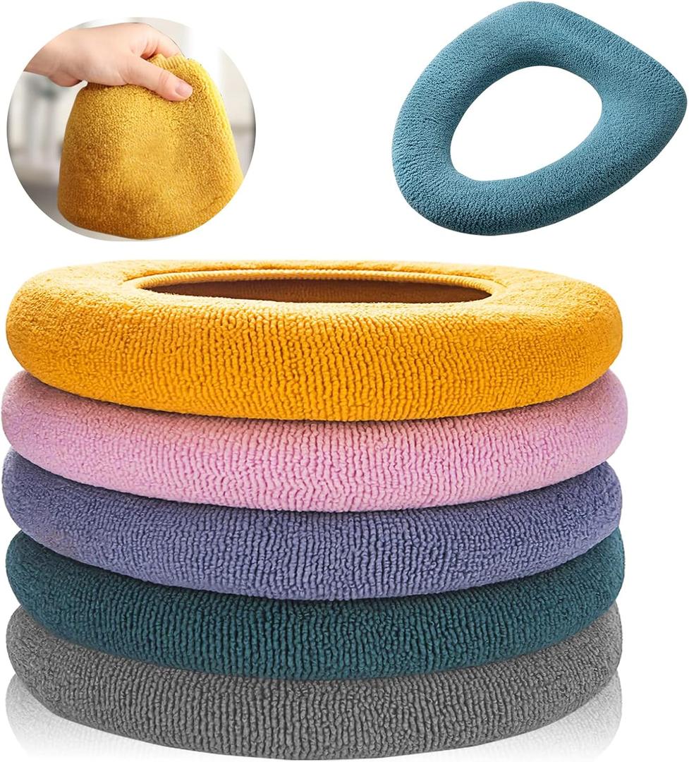 Legigo 5 Pack Thicker Bathroom Toilet Seat Cover Pads- Soft Warmer Toilet Seat Cushion Cover Stretchable Washable Fiber Cloth, Easy Installation Comfortable Toilet Lid Seat Cover(Knitted Style)