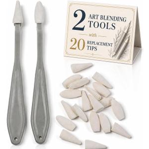 2 x NUOBESTY Blending Sponge Set, 2 Art Blending Tools with 20 Replacement Tips Highlighter Sponge Tips Artists Students Detail Tool Set for Drawing, Sketching, Shading and Smudging
