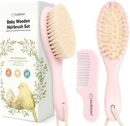 Baby Hair Brush and Comb Set for Newborn - Wooden Baby Hair Brush Set with Soft Goat Bristle, Baby Brush Set for Newborns, Baby Brush and Comb Set Girl, Boy, Toddler Cradle Cap Brush (Oval, Blush)