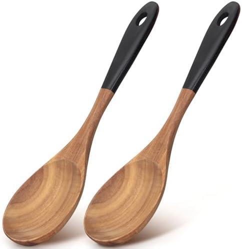 2 Pcs Large Wooden Spoons for Cooking Serving Utensils 12" Big Mixing Non Toxic Spoon for Baking Cooking Spatula Set Unique Acacia Wood Teak Long Stirring Spoons Ladle Kitchen Tools Gift