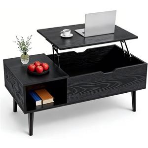 Lift Top Coffee Table, Mid Century Modern Storage Coffee Table, Center Table for Living Room with Hidden Storage and Open Shelving, Suitable for Living Room Tables, Black