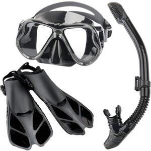 Scuba Diving Equipment Packages Including Adjustable Swimming Fins/Flippers + Automatic Breathing Tube + Tempered Glass Lens Snorkeling Mask Snorkel Set