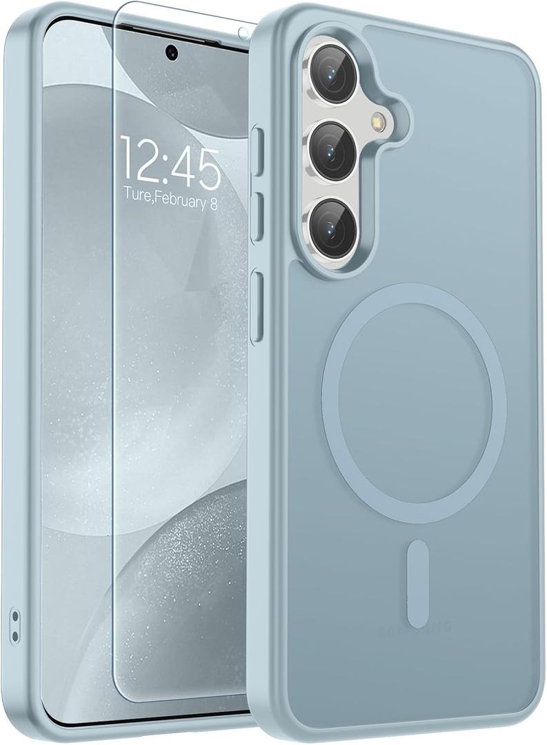 SUPFINE Magnetic for Samsung Galaxy S24 Case / S25 Case with Screen Protector, (Built-in Magnets) (Military Grade Drop Protection) Slim Translucent Shockproof Phone Case,Sliver Blue