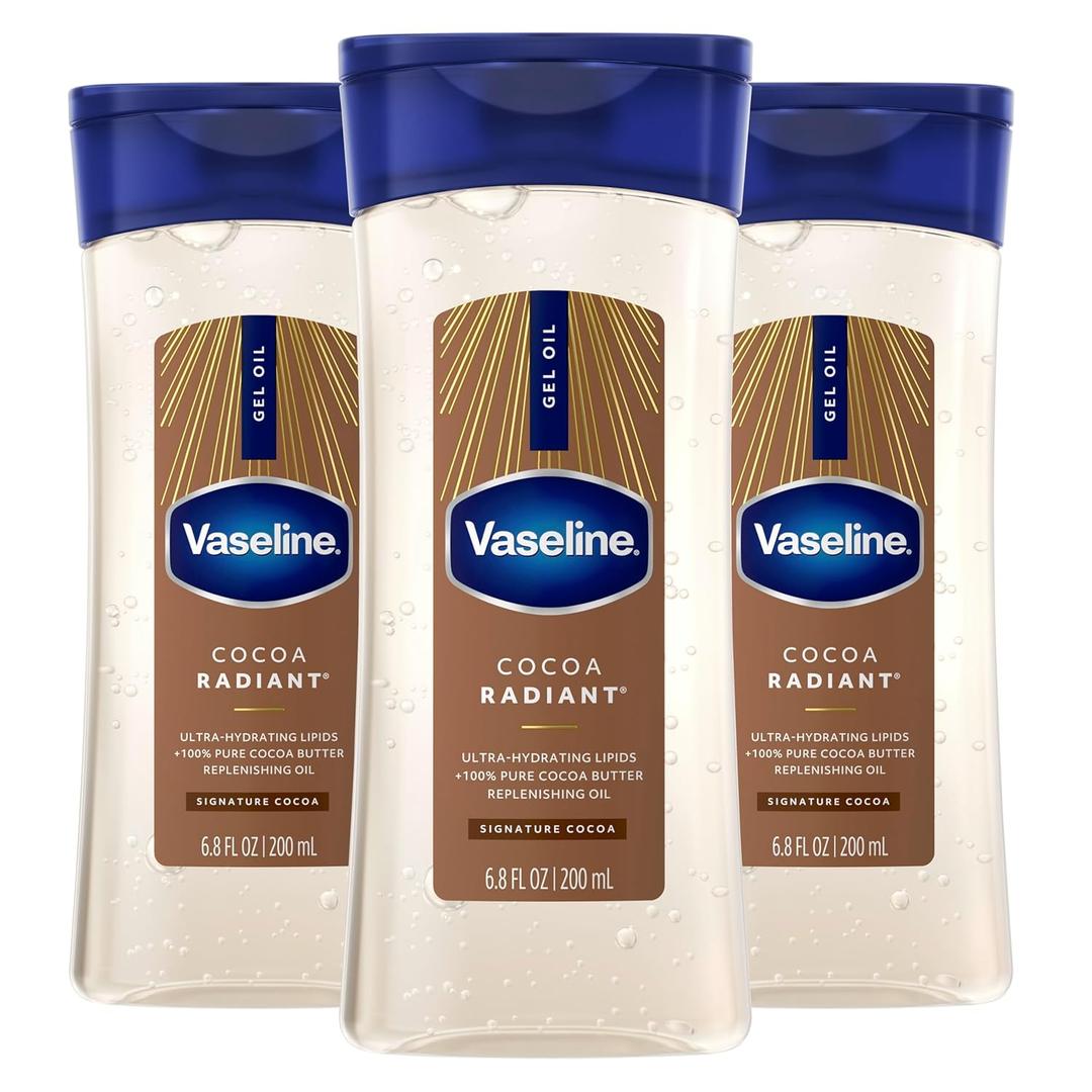 Vaseline Intensive Care Cocoa Radiant Pack of 3 for Glowing Skin Body Gel Oil Made with Pure Cocoa Butter + Replenishing Oils 6.8 oz