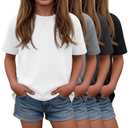 Oakgarden 4 Pack Girls Short Sleeve T-Shirts 5-14Y Crew Neck Drop Shoulder Tops Kids Loose Casual Athletic Basic Shirts Tees(White, Light Mix Gray, Dark Mix Gray, Black,11-12 Years)