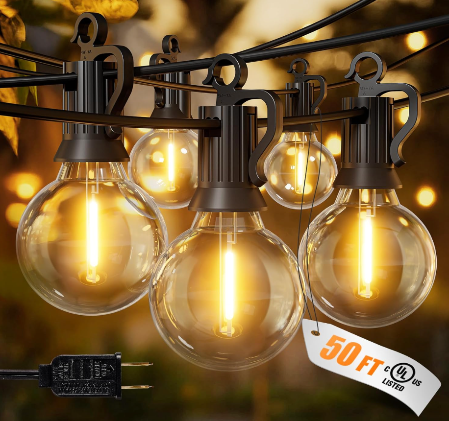 Brightown Outdoor String Lights, 50FT 25 G40 Bulbs Shatterproof Patio Lights, IP65 Waterproof Dimmable Hanging Connectable Globe LED Outdoor Lights for Backyard, Bistro, Porch, Deck, Balcony