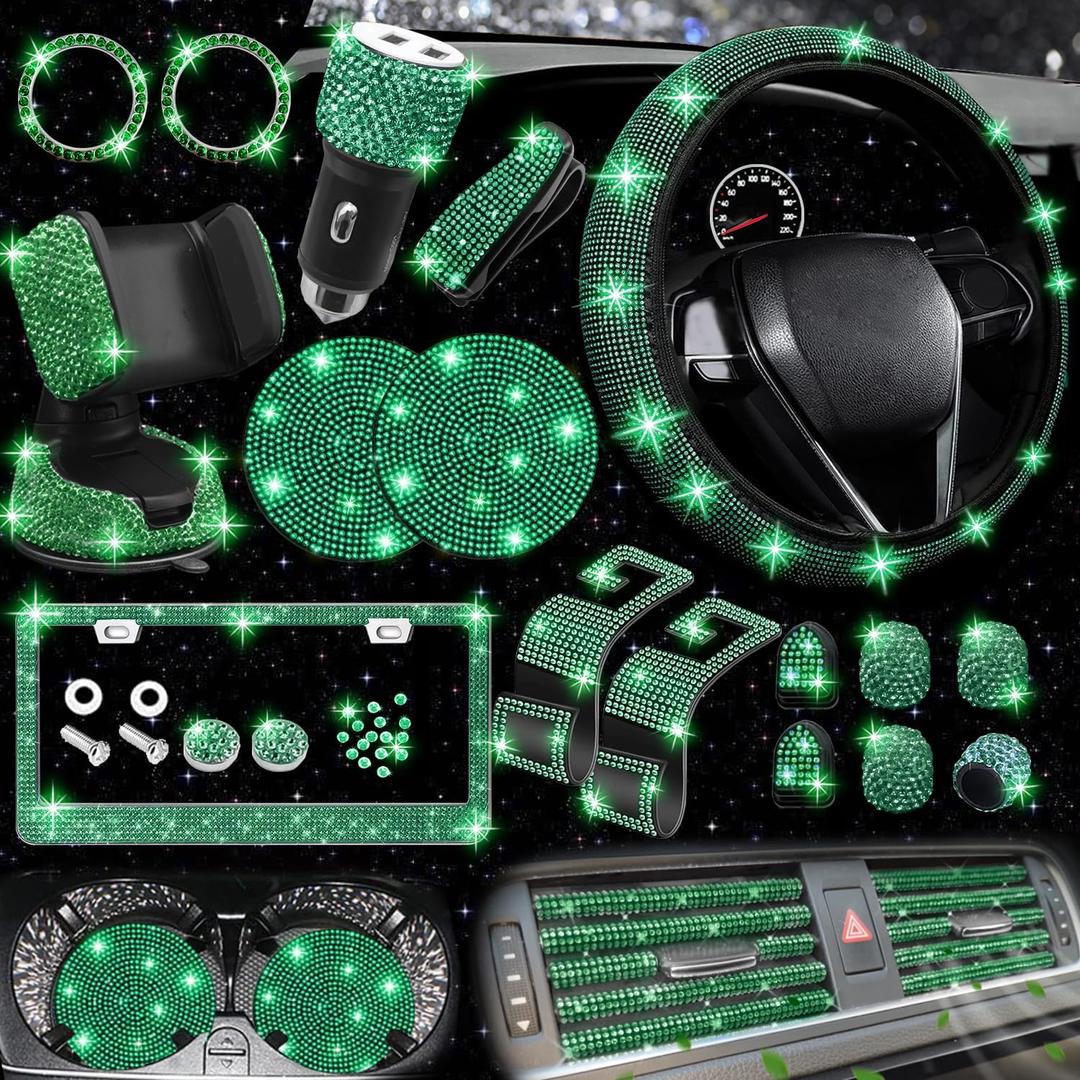 NBTEPEM 27 PCs Green Bling Car Accessories Set for Women, Steering Wheel Covers Universal Fit 15 Inch, Bling License Plate Frame, Bling Phone Holder, Bling Car Coasters (Green Diamond)