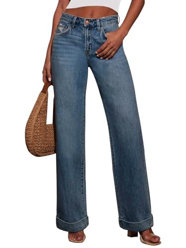 KUNMI Jeans for Women Wide Leg High Waisted Trendy Strechy Straight Leg Loose Tummy Control Denim Pants with Pocket 2025 34x32