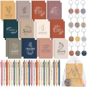 Mooliwe 36 Pcs/12 Set Positive Affirmation Gift Set Gratitude Notebooks with Pens Acrylic Keychains Small Bags Motivational Notepads for Women Coworkers Christmas Adults Party Favors (Vibrant)