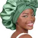 YANIBEST Silk Bonnet for Sleeping Women Adjustable Double Layer Satin Bonnet Reduce Friction Prevent Frizz Natural Curly Hair (Large, Sage)