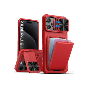 SSLOTSCASE for iPhone 15 Pro Max Case with Credit Card Holder & Stand & Slide Lens Cover & Kickstand, Multi Functional Wallet Sturdy Protective Phone Case Cover for iPhone 15 Pro Max 6.7'' 2023, Red