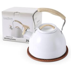LONFFERY Tea Kettle for Stove Top, 3.2 Quart Whistling Tea Kettle, Food Grade Stainless Steel and Wood Pattern Folding Handle, White