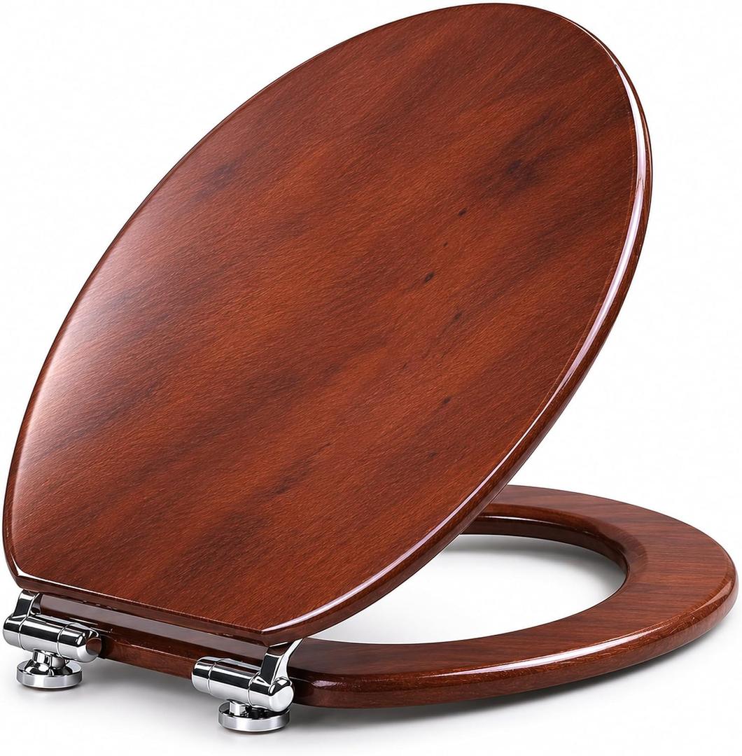 Solid Wood Elongated Toilet Seat with Soft Close Hinges, Decorative Style, Natural Wood, 18.5 x 34 Inches (Light Brown)