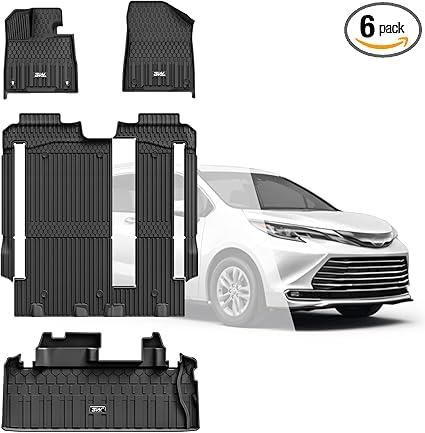 3W Floor Mats & Cargo Liner Fit Toyota Sienna 2021-2025 LE/XLE(Only for 8 Seat), TPE All Weather Custom Fit Floor Liner for Sienna 1st, 2nd and 3rd Row and Trunk, Black