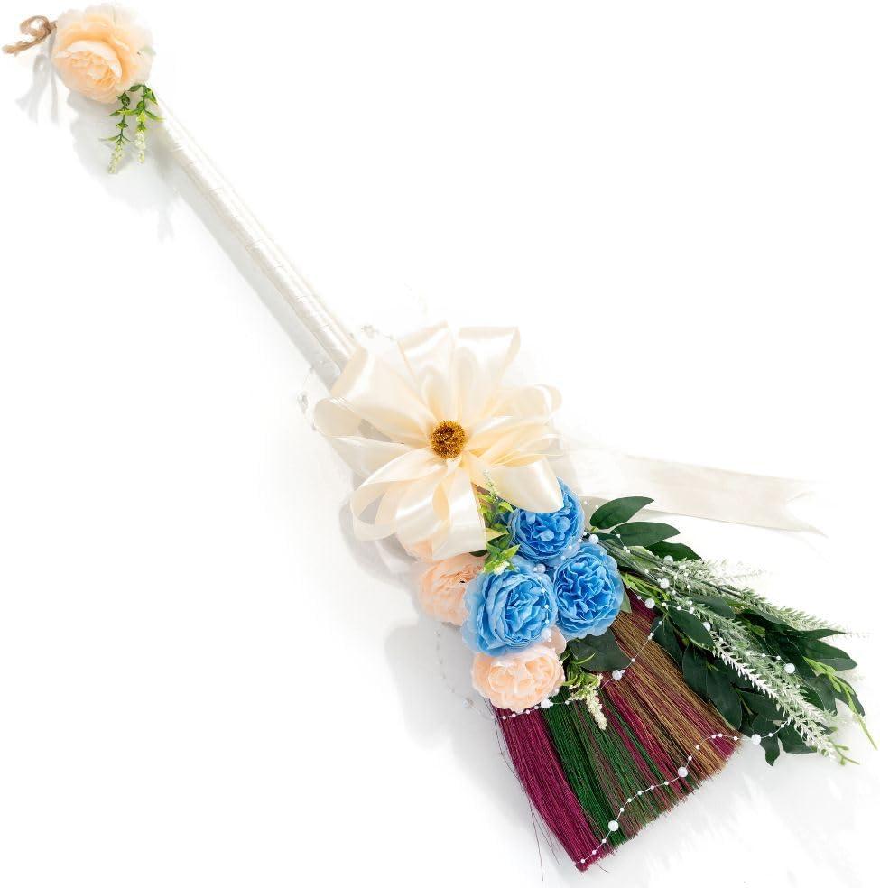 Elegant Wedding Brooms Bride Bridegroom, Jumping The Broom for Wedding, Natural Whisk Broom with Ribbons, Artificial Pearl, Leaves, Roses for Decorative