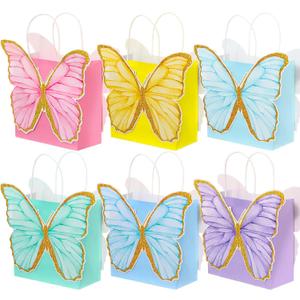 MotiMind 24 Pcs Butterfly Party Favor Bags with Handles Pink Purple Blue Butterfly Goodie Gift Paper Treat Candy Bags for Birthday Party Bridal Showers Supplies (Bright Colors)