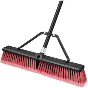 24 Push Broom Outdoor Heavy Duty, Large Commercial Stiff Bristle Brush with 63 inches Long Handle for Garage Shop Garden Yard Patio Deck Street Warehouse Lawn Driveway (Red)