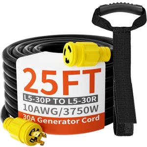 huanchain 3 Prong 30 Amp Generator Cord 25 Feet Heavy Duty,NEMA L5-30P/L5-30R 10 Gauge 125V SJTW Yellow Lock Generator Extension Cord Waterproof, ETL Listed
