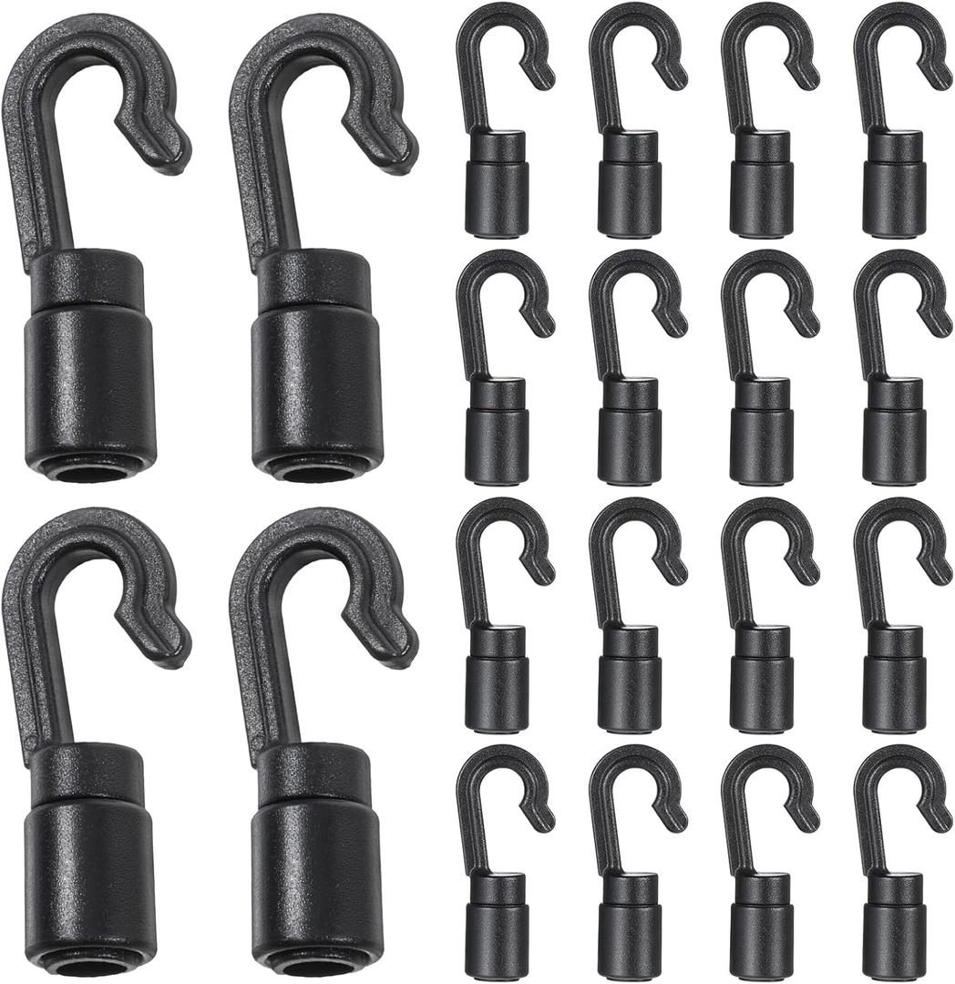 20 Pack Black Bungee Cord Hooks for 3/16 Inch to 1/4 Inch, Shock Cord End Hooks Cargo Net Hooks Shock Absorbing Cord Hooks for Bungee Cord Ends Kayak Replacement Water Sports Camping Accessories