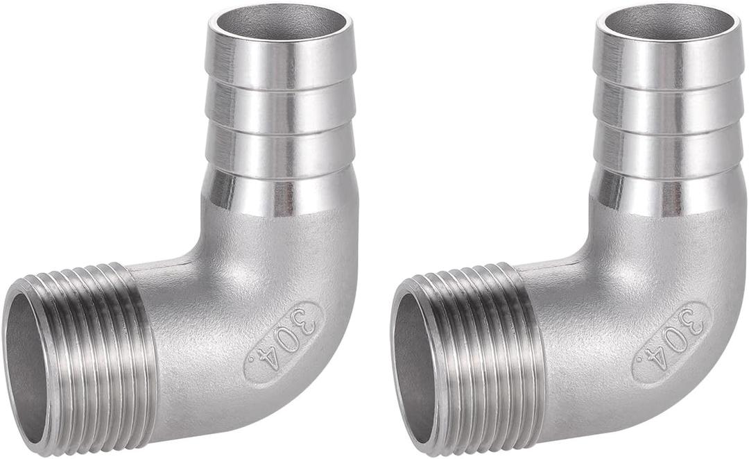 304 Stainless Steel Hose Barb Fitting, 1" Hose Barb to 1" NPT Male 90 Degree Elbow, Air Hose Barb Fitting, For Water, Fuel, Home Brew Pipe Fittings, Pack of 2