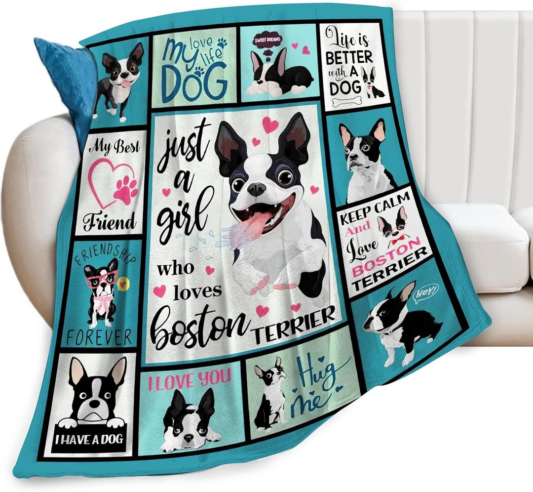 SweetFox Just A Girl Who Loves Boston Terrier Blanket, Funny Dog Decor Throw Blanket Gifts for Girls Boys Lover Super Warm Soft Plush Fleece Flannel Bedding Blankets for Kids Adults Men Women 50"X40"
