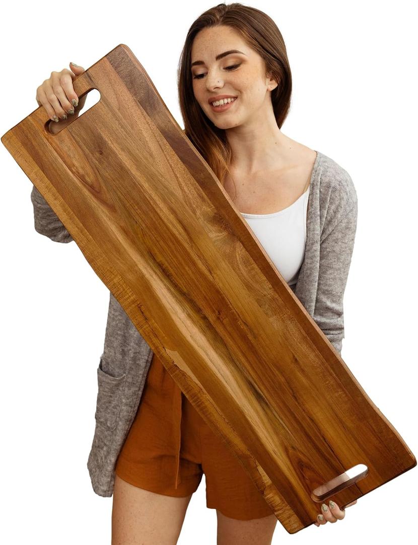 Large Acacia Serving Board with Handles, 36 x 12 Inch Rectangular Charcuterie Platter, Natural Wood Server for Meat, Cheese Board, and Party Appetizers, Extra Long 3ft, Light