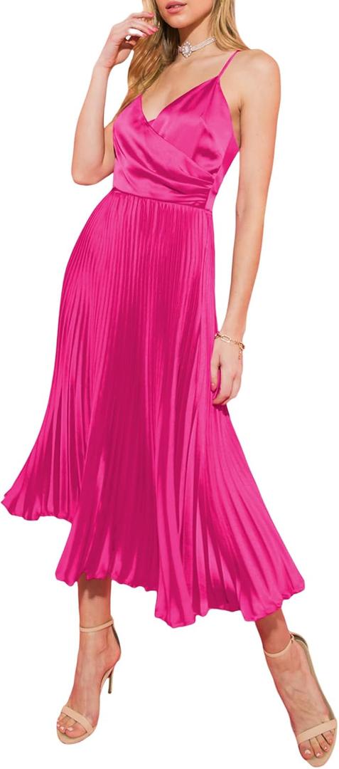 ZAFUL Womens Satin Sexy Backless Wrap V Neck Sleeveless Spaghetti Strap Pleated Flowy Party Midi Dress (Medium, 0225-pink)