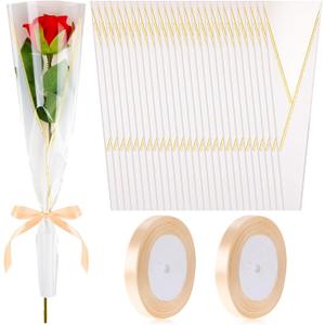 Teling 150 Pcs White Single Flower Sleeves Wrapping Bags for Valentine's Day Single Rose Florist Bouquet Packaging Bags Flower Bouquet Wrapping Bulk with 2 Ribbon for Wedding Birthday Gifts Supplies