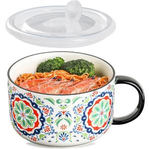 Jumbo Soup Bowl with Lid: 38 oz Ceramic Soup Mug with Big Handle for Ramen Cereal Breakfast Meal Prep Office Lunch Dorm Living - Microwave Safe Extra Large Food Container - Pattern A (Set of 1)