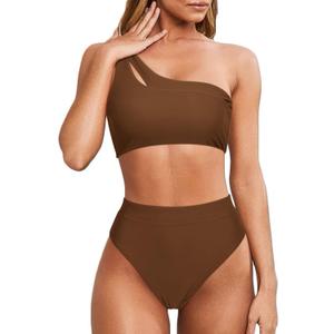 MOOSLOVER Women Cutout One Shoulder High Waisted Bikini High Cut Two Piece Swimsuits (Medium, Coffee)