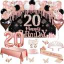 20th Birthday Decorations for Her, 49pcs Black Rose Gold Black Banner, Tablecloth, Butterfly Decor, 20th Birthday Sash and Tiara, Cake Topper, Candles, Balloons Arch
