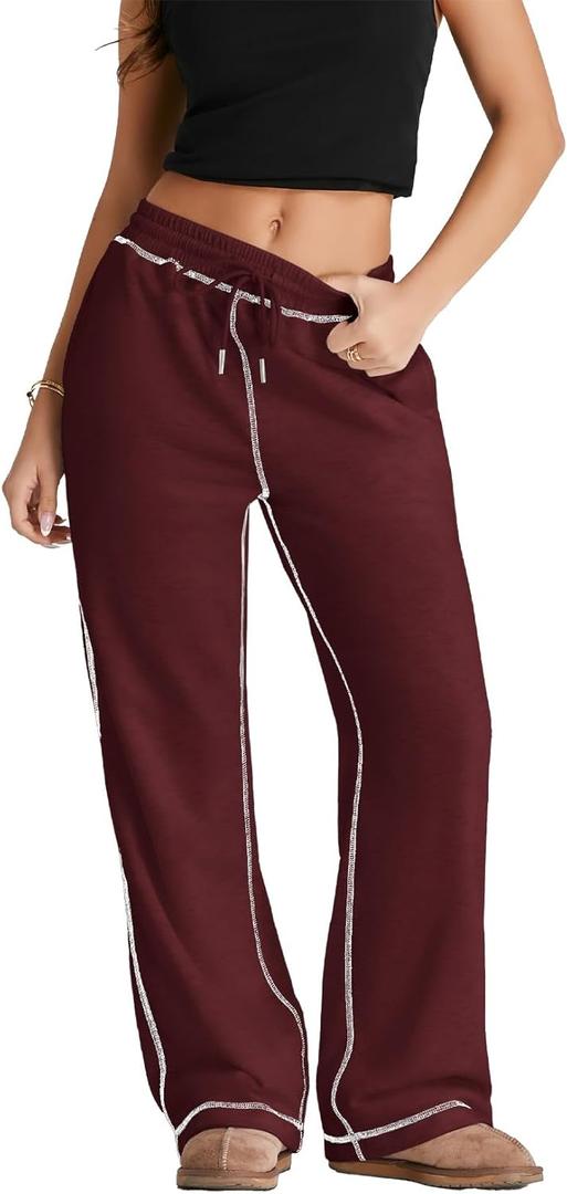 Herseas High Waisted Sweatpants for Women 2025 Fall Wide Leg Contrast Stitching Drawstring Loose Lounge Jogging Pants (Red, XL)