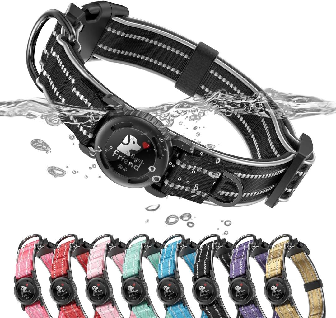 Upgrade Airtag Dog Collar,with IPX8 Waterproof AirTag Holder | Reflective Ultra-Durable | Soft Padded | Lock Buckle | Heavy Duty | Fit Small Medium Large DogsBlackL(17"23")