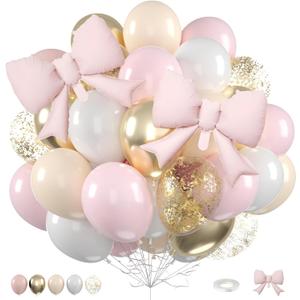 Pink Gold Balloons, 12 Inch Pastel Pink Metallic Gold Balloon with Bow Foil Balloons Beige White Gold Confetti Latex Balloon for Women Girls Baby Shower Bridal Boho Birthday Wedding Party Decoration
