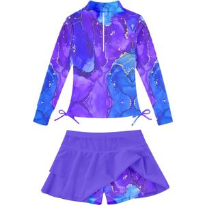 Vogseek Girls Rash Guard 2 Pieces Bathing Suit Long Sleeve Swimsuit Swimming Skirt with Shorts Swimwear (5-6 Years)