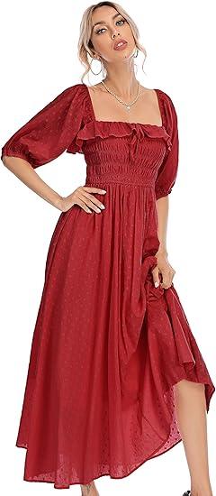 R.Vivimos Women Summer Half Sleeve Cotton Ruffled Vintage Elegant Backless A Line Flowy Long Dresses (Burgundy#1, XL)
