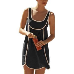 Womens Casual Summer Pleated Sleeveless Crewneck Tank Dress Loose Sundress Athletic Mini Dress (Small, Black)