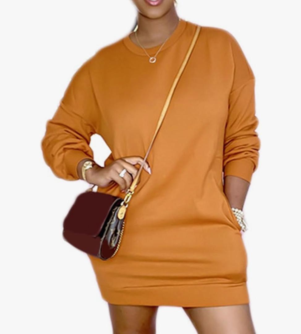 Women's Casual Sweatshirt Dress,Solid Color Long Sleeve Mini Dress with Pockets S