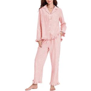 Flygo Womens Striped Pajama Sets 2 Piece Cotton Lounge Sets Button Down Top Straight Leg Pants with Pockets Y2K Pjs Sleepwear (XX-Large, Orange-Red)