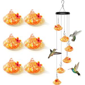 Wind Chime Glass Hummingbird Feeder - 20 Oz Outdoor Hanging Feeder with 6 Ports, Attract More Hummingbirds, Leak-Proof Design, Unique Garden Backyard Decor & Ideal Gift (Orange)