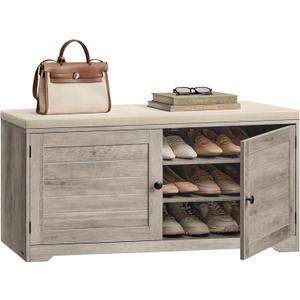 VASAGLE Shoe Storage Bench with Cushion, 3-Tier Entryway Bench with Padded Seat, Doors, Adjustable Shelves, 14 x 39.8 x 20.7 Inches, Hallway, Bedroom, Heather Greige and Cappuccino Beige ULSB044L01