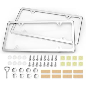 Ohuhu License Plate Frames, 2 Pcs 4 Holes Slim Stainless Steel Polish Mirror License Plate Frame + Chrome Screw Caps (Silver)