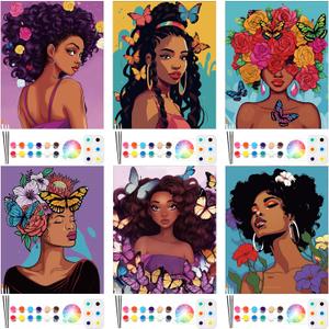 Dinifee 6 Pack Canvas Painting Kit Pre Drawn Afro Queen Cotton Canvas 8 x 10 Inch Stretched Paint and Sip Set for Adults Party Date Night(Flower Lady)