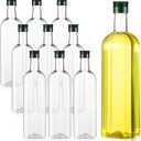 Dandat 10 Pack 34 oz 1000 ml Clear Bottles 1 Quart Plastic Olive Oil Bottles with Screw Caps, Empty Long Neck Square Wine Bottles for Kitchen Self Watering Devices for Plants