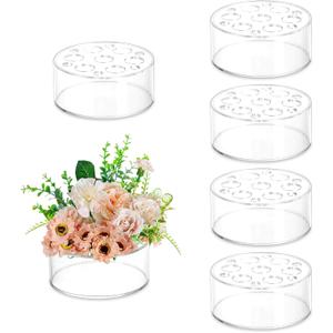 Hewory Acrylic Flower Vases for Centerpieces Round 6pcs Short Clear Floral Vase with 13 Holes, Box Arranger Bulk Low Base Holder for Wedding Birthday Party Event Dining Table Decor, 2.56"(H)5.9"(D)