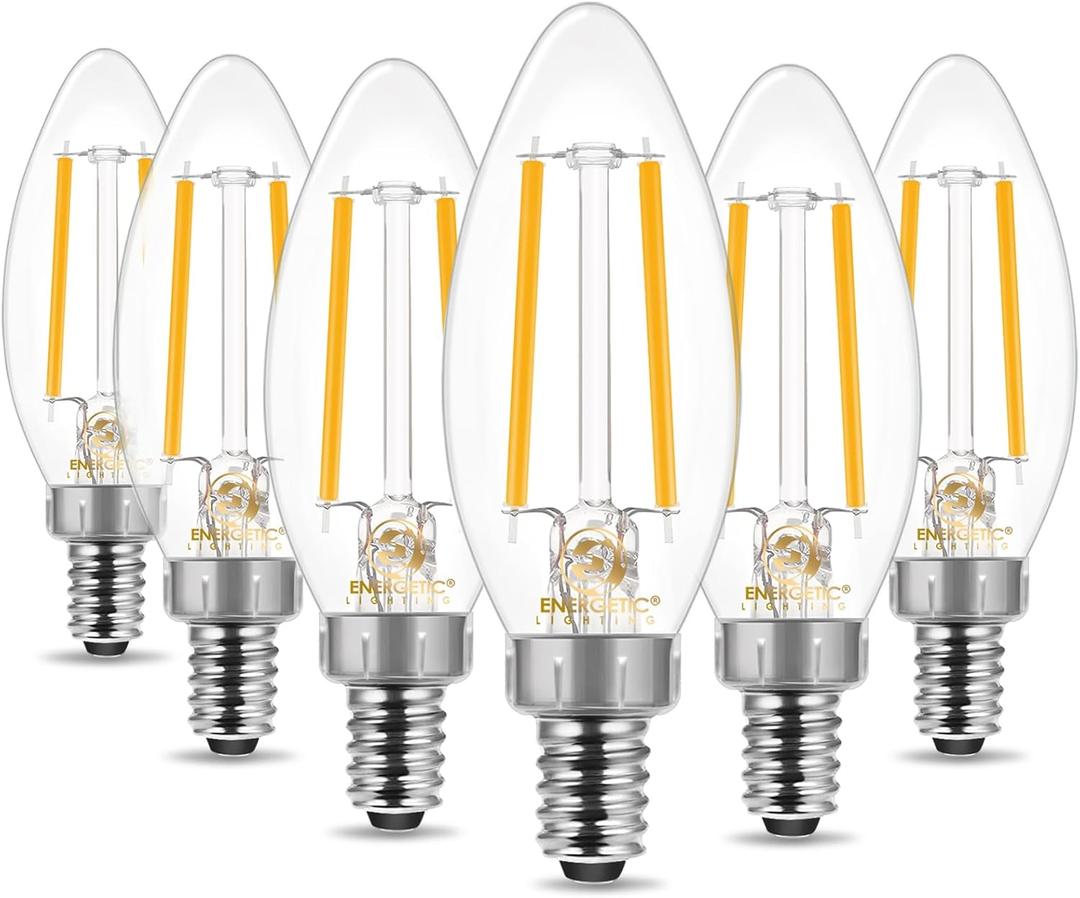 Energetic 6 Pack Dusk to Dawn LED Outdoor Light Bulb, 60 Watt Equivalent(5W), 500LM, Soft White 2700K, E12 Base, Automatic On/Off Sensor Edison Filament Candelabra Bulb for Porch, Photocell Sensor ETL