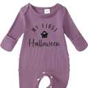 Noubeau Newborn Baby Girl Halloween Outfit Cutest Pumpkin Ribbed Romper Jumpsuit Headband Thanksgiving Clothes (Purple)