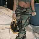 Womens Camo Cargo High Waist Pants Camouflage Military Elastic Trousers with Pockets (XL)